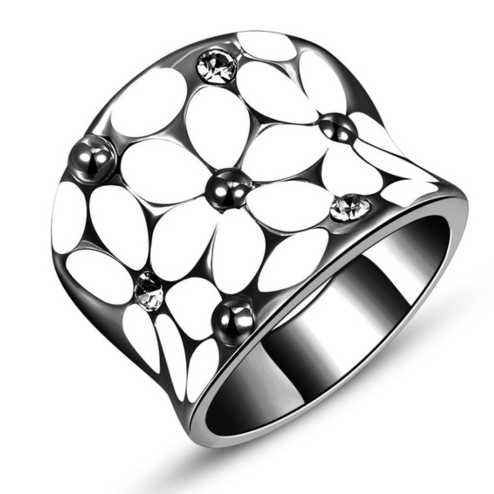 ROXI Black Gunmetal Silver Plated White Floral Crystal Accent Statement Ring